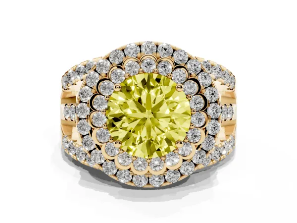 Fancy Yellow Round Cut Diamond Double Halo Ring with Round Pavé Split Shank and Prong Setting Yellow gold