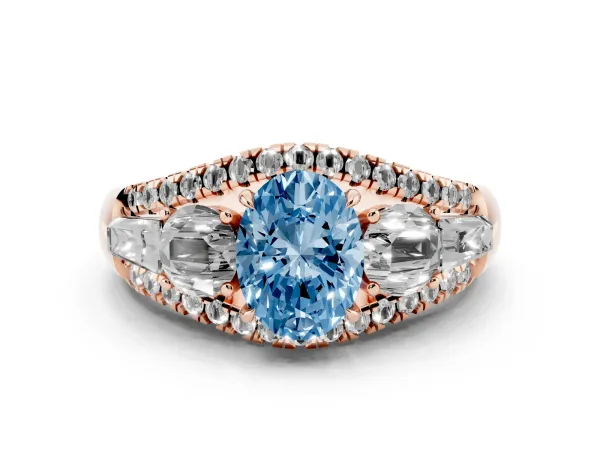 Fancy Blue Three-Stone Oval Cut Diamond Engagement Ring with Pave Band and Prong Setting Rose gold