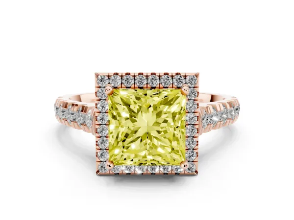 Fancy Yellow Princess Cut Halo Pavé Diamond Engagement Ring with Four-Prong Setting Rose gold