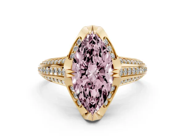 Fancy Pink Marquise Cut Solitaire Pave Split Shank Ring with Four-Prong Setting Yellow gold