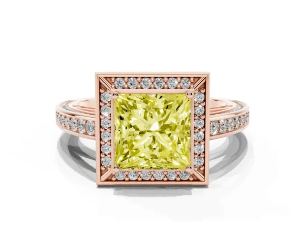 Fancy Yellow Princess Cut Cut Halo Pave Split Shank Prong Setting Ring Rose gold