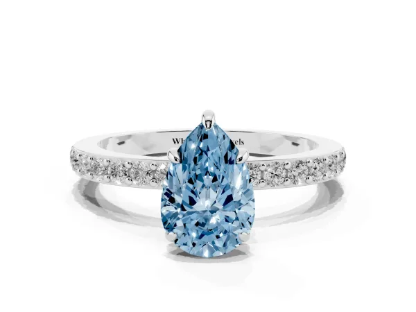 Fancy Blue Pear Cut Diamond Pavé Engagement Ring with Round Accents and Prong Setting White gold