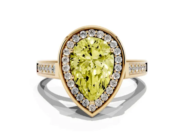 Fancy Yellow Pear Cut Halo Solitaire Diamond Ring with Pave Band and Bezel Setting Yellow gold