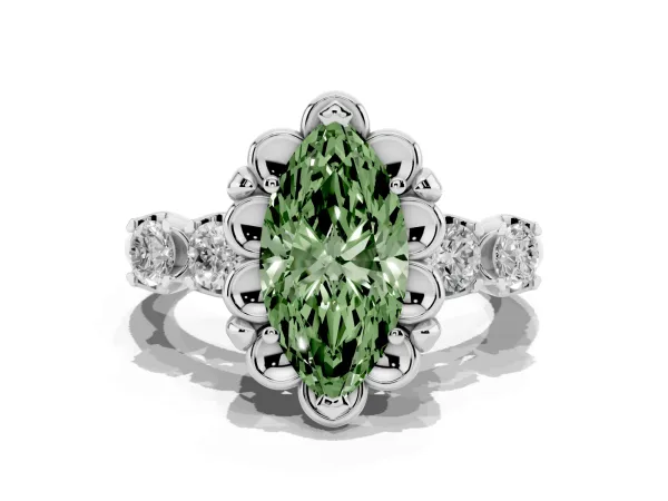 Fancy Green Marquise Cut Cut Diamond Floral Halo Engagement Ring with Shared Prong Setting Platinum