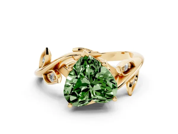 Fancy Green Heart Cut Solitaire Twist Engagement Ring with Leaf Accents and Prong Setting Yellow gold