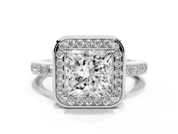 Princess Cut Diamond Halo Ring with Bezel Frame and Pavé Band White gold