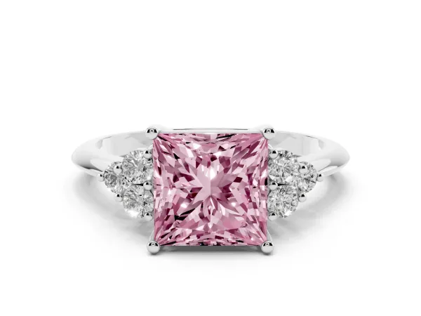 Fancy Pink Princess Cut Cut Diamond Cluster Ring with Solitaire Band and Four-Prong Setting White gold
