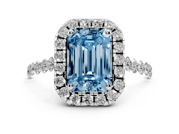 Fancy Blue Emerald Cut Halo Pavé Diamond Engagement Ring with Four-Prong Setting Platinum