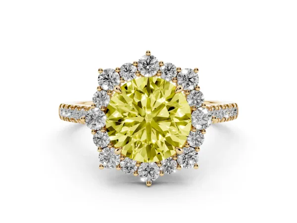 Fancy Yellow Round Cut Halo Diamond Ring with Pavé Band and Prong Setting Yellow gold