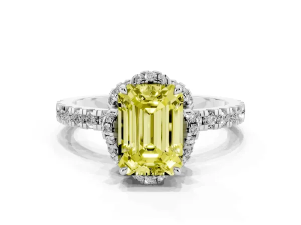 Fancy Yellow Emerald Cut Diamond Halo Pave Band with Four-Prong Setting White gold