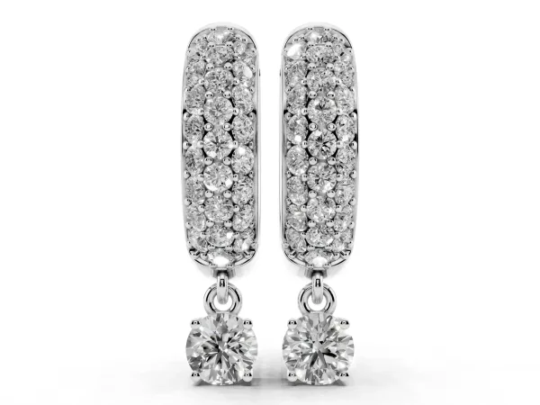 Round Cut Diamond Drop Huggie Hoop Earrings with Pavé Detailing Platinum