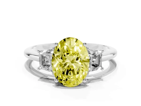 Fancy Yellow Oval Cut Diamond Three-Stone Ring with Trapezoid Side Stones and Prong Setting Platinum