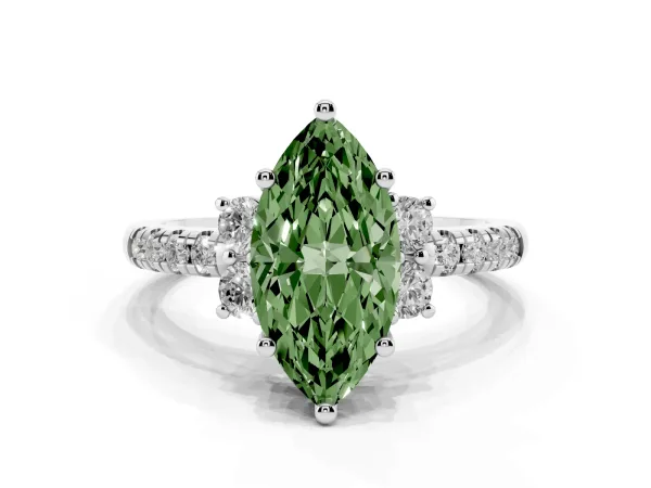 Fancy Green Marquise Cut Diamond Three-Stone Pave Band with Four-Prong Setting White gold