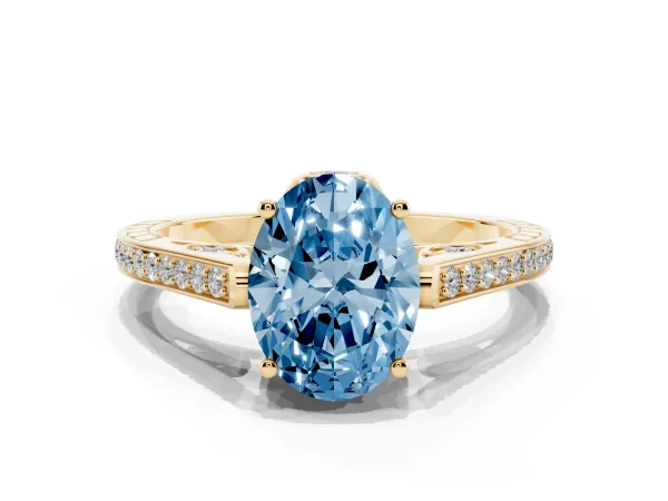 Fancy Blue Oval Cut Cut Cathedral Pave Diamond Engagement Ring with Six-Prong Setting Yellow gold