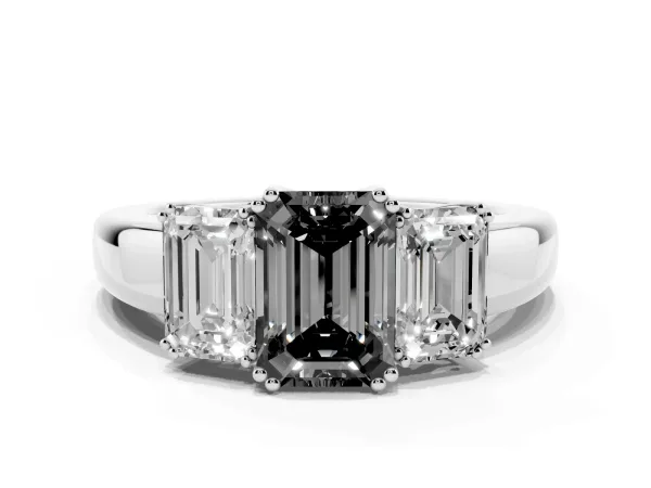 Fancy Black Three-Stone Emerald Cut Cut Diamond Ring with Channel Set Band and Four-Prong Setting Platinum