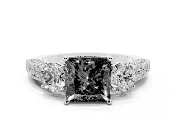 Fancy Black Princess Cut Three-Stone Diamond Ring with Pavé Band and Four-Prong Setting Platinum