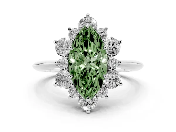 Fancy Green Marquise Cut Diamond Cluster Halo Ring with Solitaire Band and Four-Prong Setting White gold