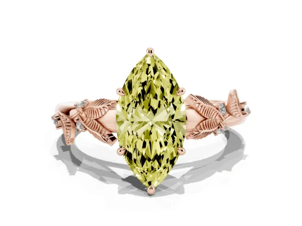 Fancy Yellow Marquise Cut Diamond Solitaire Ring with Leaf Motif Band and Four-Prong Setting Rose gold