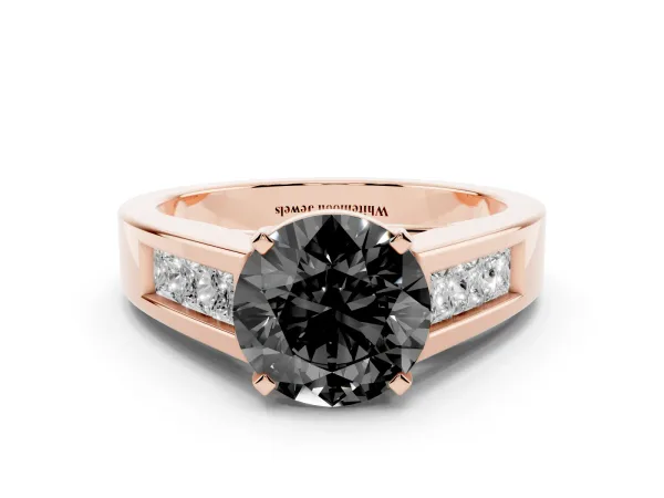 Fancy Black Round Cut Cut Channel Set Solitaire Ring with Four-Prong Setting Rose gold