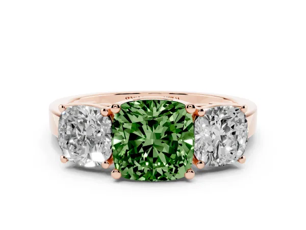 Fancy Green Three-Stone Cushion Cut Cut Diamond Engagement Ring with Flat Band and Four-Prong Setting Rose gold