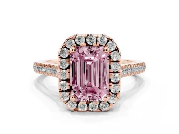 Fancy Pink Emerald Cut Diamond Cushion Halo Ring with Pavé Band Rose gold