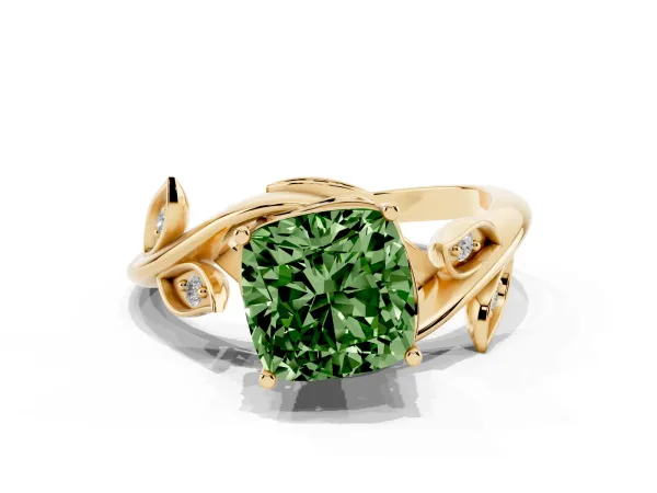 Fancy Green Cushion Cut Solitaire Twist Engagement Ring with Leaf Accents and Prong Setting Yellow gold