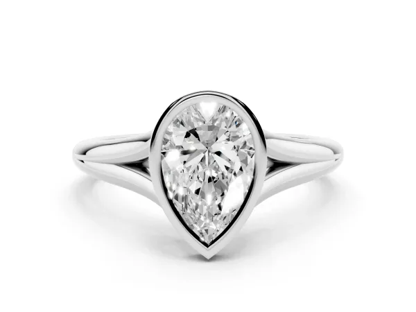 Bezel Set Pear Cut Cut Solitaire Ring with Tapered Band White gold