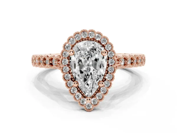 Pear Cut Cut Halo Pavé Solitaire Ring with Milgrain Band Rose gold