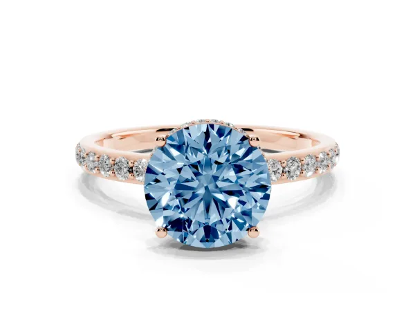 Fancy Blue Round Cut Diamond Solitaire Ring with Pavé Band and Hidden Halo Rose gold
