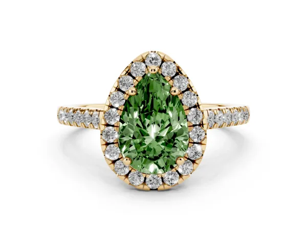 Fancy Green Pear Cut Halo Pavé Diamond Engagement Ring with Four-Prong Setting Yellow gold