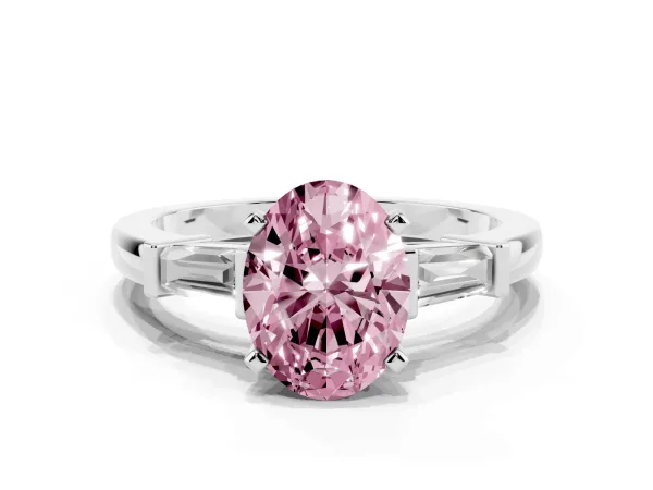 Fancy Pink Oval Cut Cut Diamond Solitaire Ring with Tapered Baguette Accents and Four-Prong Setting White gold