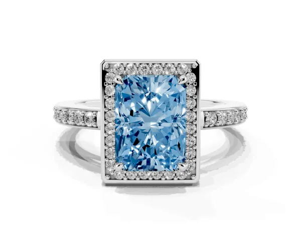 Fancy Blue Radiant Cut Halo Pave Band Solitaire Ring with Prong Setting Platinum