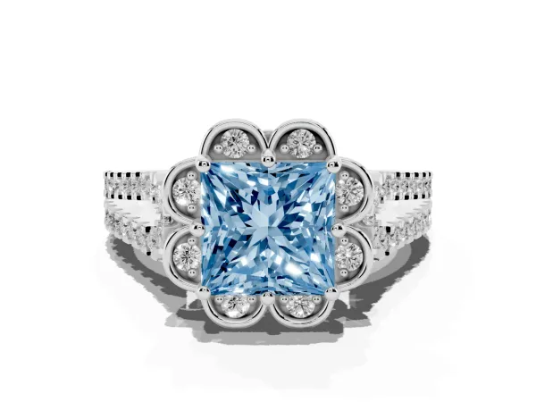 Fancy Blue Princess Cut Halo Diamond Floral Split Shank Engagement Ring White gold