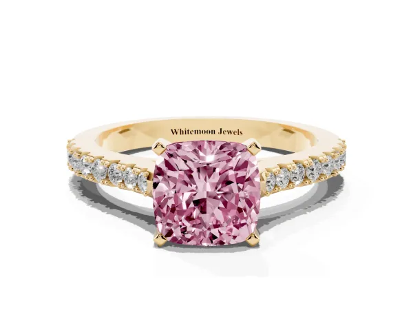 Fancy Pink Cushion Cut Cut Solitaire Diamond Engagement Ring with Pave Band and Four-Prong Setting Yellow gold