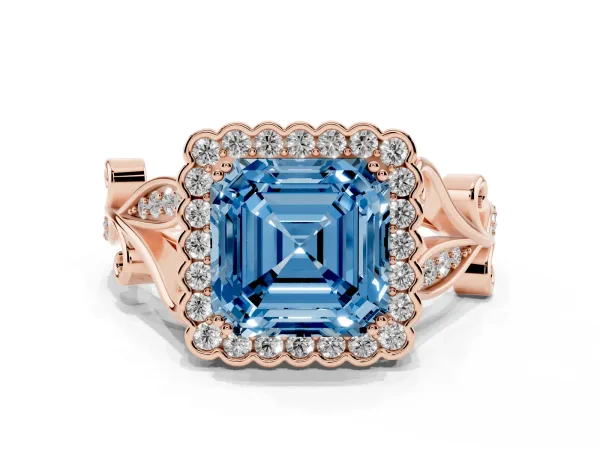 Fancy Blue Asscher Cut Diamond Halo Ring with Vintage Split Shank and Four-Prong Setting Rose gold