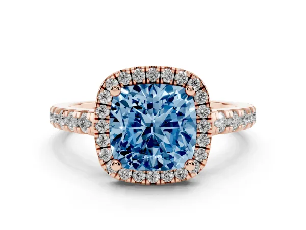 Fancy Blue Cushion Cut Diamond Halo Ring with Pavé Band and Four-Prong Setting Rose gold