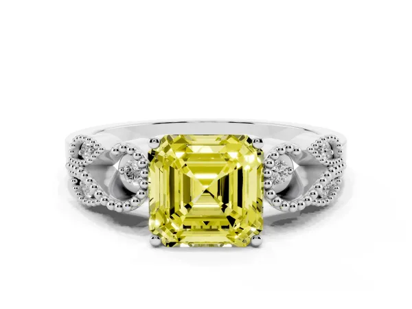 Fancy Yellow Asscher Cut Solitaire Milgrain Leaf Band with Prong Setting Platinum