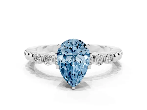 Fancy Blue Pear Cut Solitaire Bezel Accent Diamond Engagement Ring with Beaded Band and Four-Prong Setting Platinum