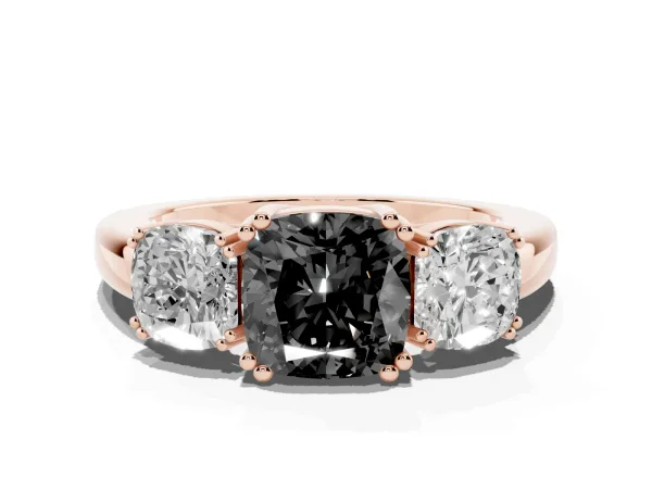 Fancy Black Three-Stone Cushion Cut Cut Diamond Ring with Channel Set Band and Four-Prong Setting Rose gold
