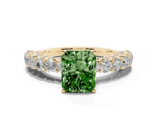 Fancy Green Radiant Cut Diamond Solitaire Ring with Shared Prong Pavé Band and Four-Prong Setting Yellow gold