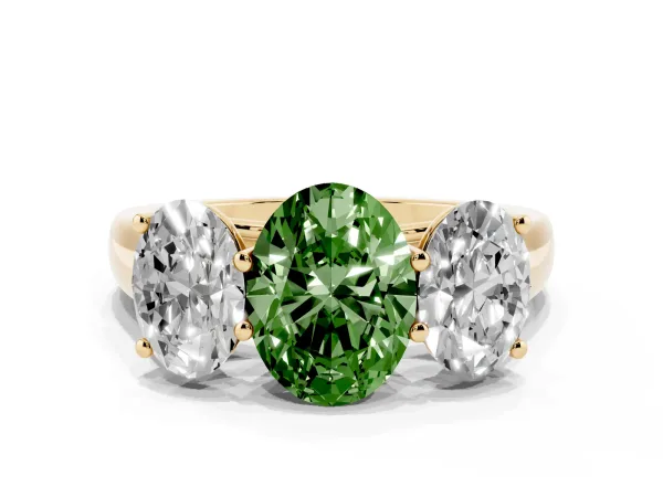 Fancy Green Oval Cut Three-Stone Diamond Ring with Prong Setting on a Classic Band Yellow gold
