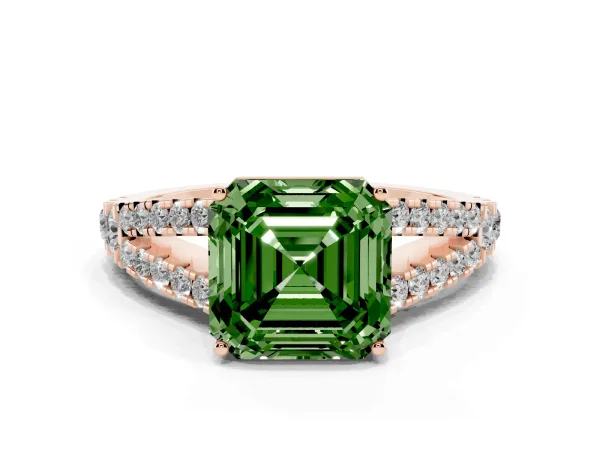 Fancy Green Asscher Cut Diamond Split Shank Engagement Ring with Round Pavé and Prong Setting Rose gold