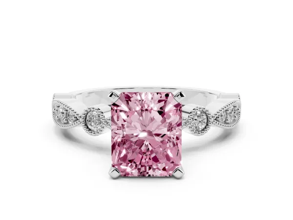 Fancy Pink Radiant Cut Milgrain Bezel Diamond Engagement Ring with Solitaire Prong Setting Platinum