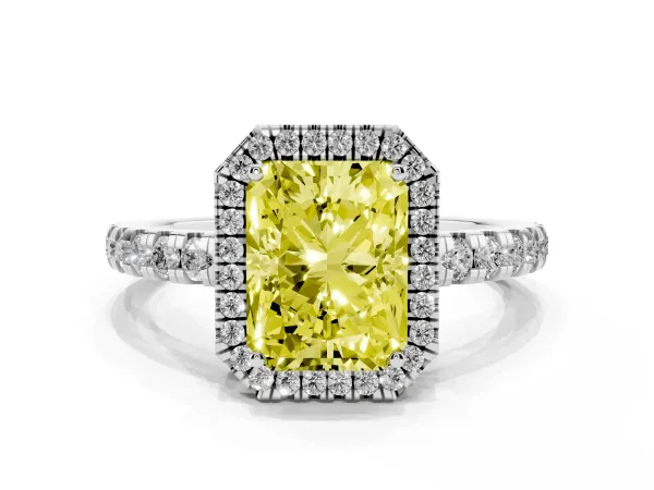 Fancy Yellow Radiant Cut Diamond Halo Ring with Pavé Band and Four-Prong Setting Platinum