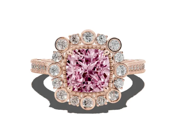 Fancy Pink Cushion Cut Halo Milgrain Pave Diamond Ring with Four-Prong Setting Rose gold