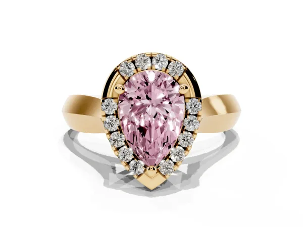 Fancy Pink Pear Cut Cut Halo Solitaire Engagement Ring with Square Band and Four-Prong Setting Yellow gold