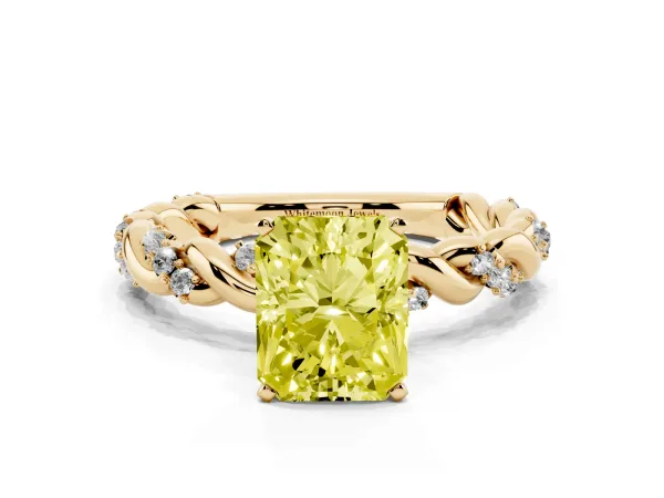 Fancy Yellow Radiant Cut Diamond Solitaire Ring with Twisted Band and Pavé Accents Yellow gold