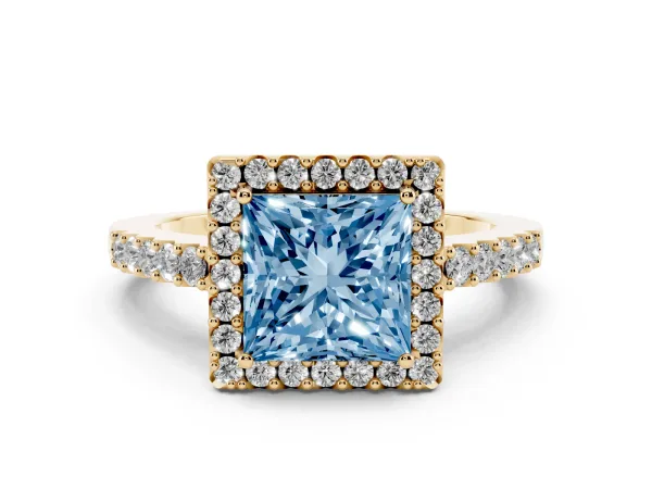 Fancy Blue Princess Cut Halo Diamond Pavé Solitaire Ring Yellow gold