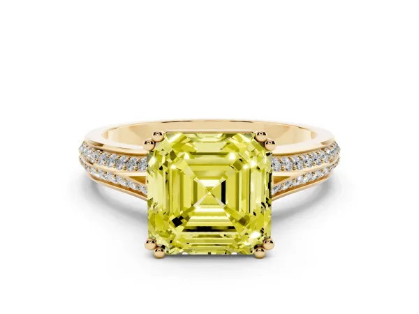 Fancy Yellow Asscher Cut Diamond Split Shank Engagement Ring with Pavé Band Yellow gold