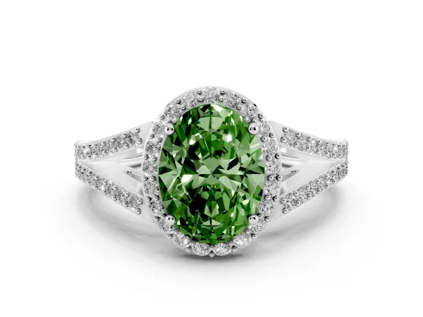Fancy Green Oval Cut Halo Split Shank Pave Diamond Ring with Four-Prong Setting White gold